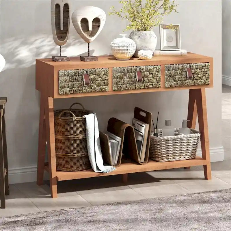 Modern Wood Console Table with Storage and Open Storage Shelf