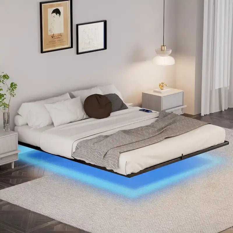 King Size Floating Bed Frame with LED Lights & Charging Station - Metal Platform