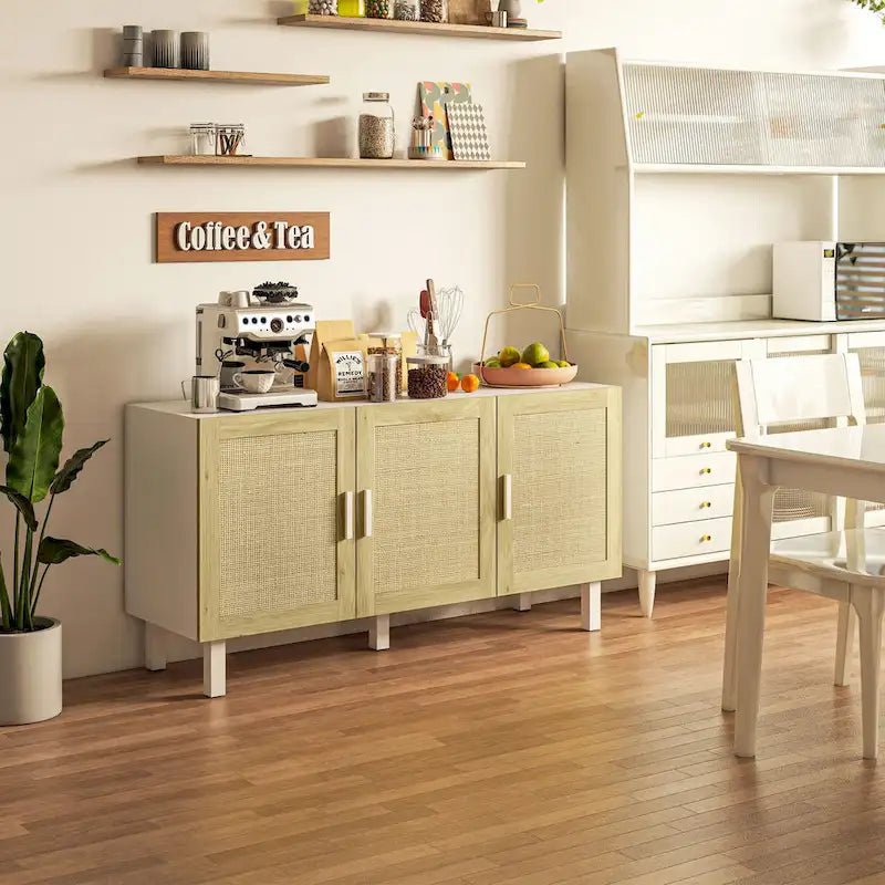HOMCOM Sideboard Buffet Cabinet, Kitchen Cabinet, Coffee Bar Cabinet with 3 Rattan Doors and Adjustable Shelves