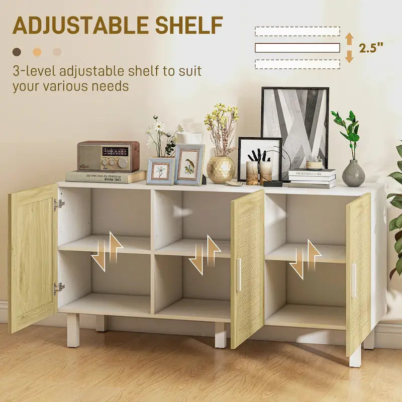 HOMCOM Sideboard Buffet Cabinet, Kitchen Cabinet, Coffee Bar Cabinet with 3 Rattan Doors and Adjustable Shelves